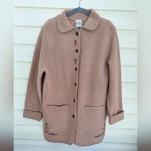 Vintage 100% Wool City Scapes  Embroided Button Up Jacket Tan Women Medium Boho